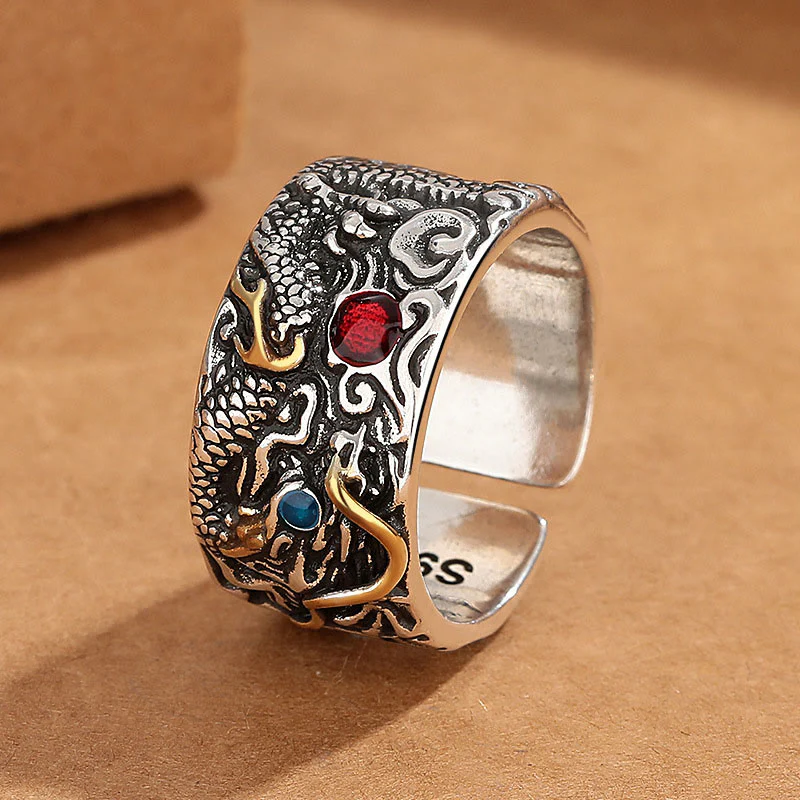 Buddha Stones Vintage Dragon Pattern Copper Plated Silver Balance Ring