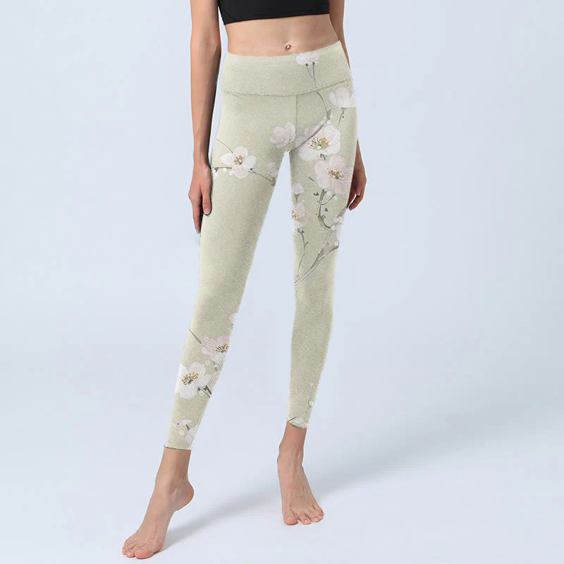 Buddha Stones Beige Plum Blossoms Print Gym Leggings Women's Yoga Pants