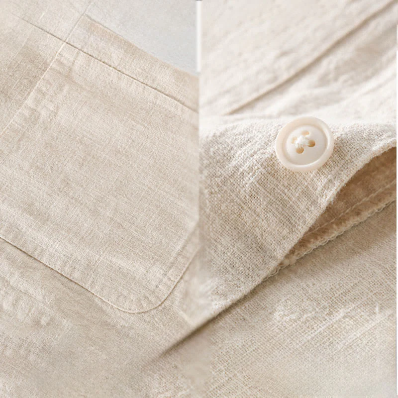 Buddha Stones Commute Men's Plain Buttons Design Cotton Linen Long Sleeve Shirt With Pockets
