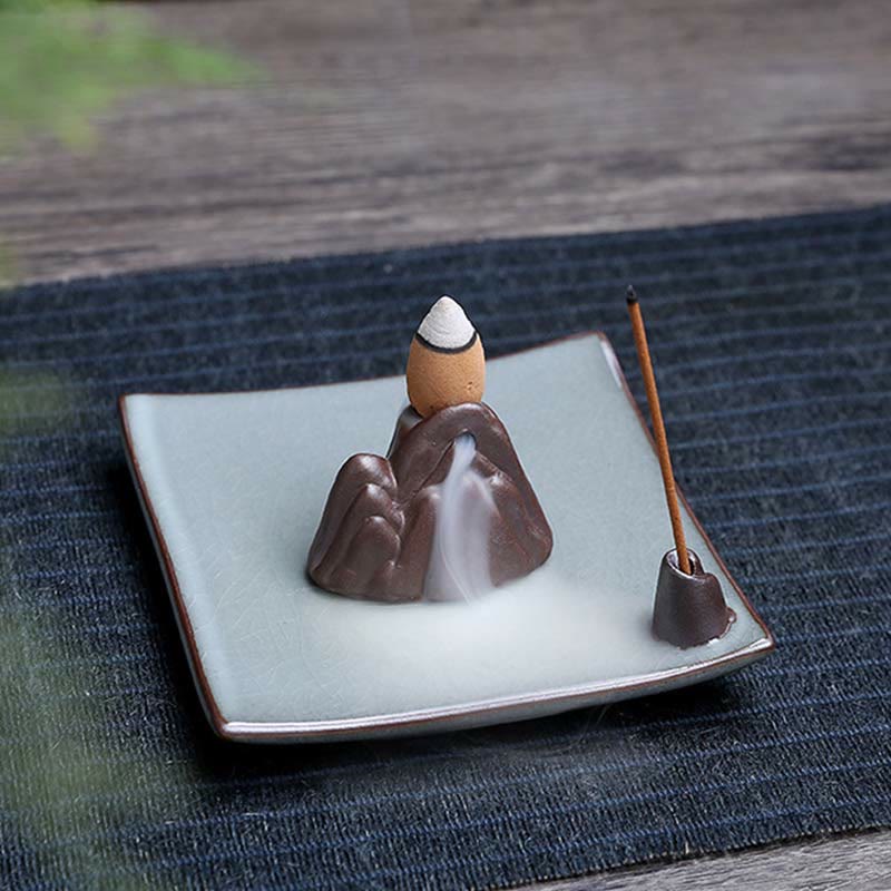 Buddha Stones Lotus Plum Blossom Square Ceramic Spiritual Backflow Incense Burner