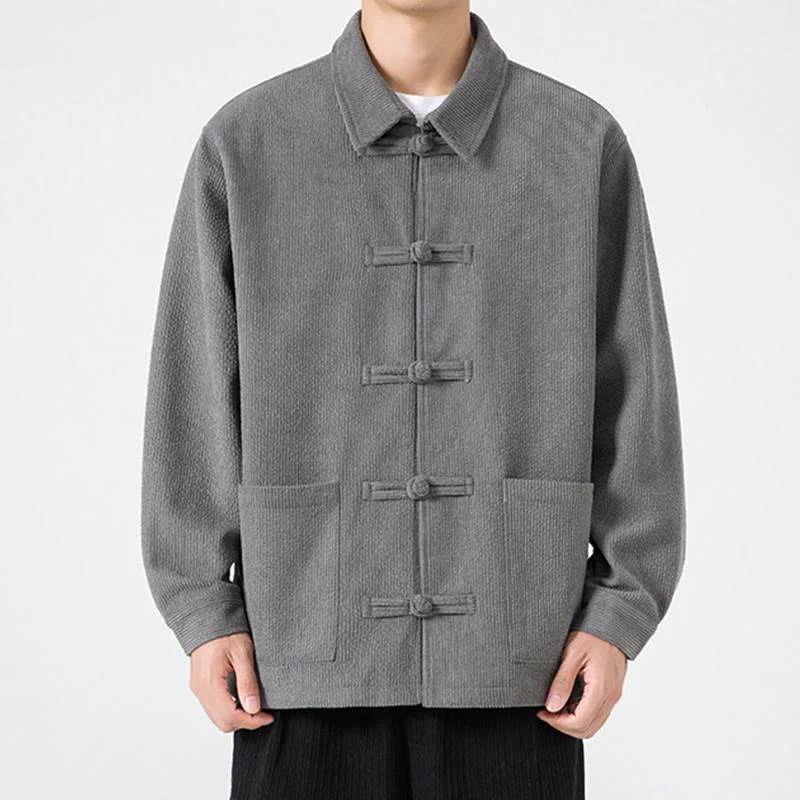 Buddha Stones Long Sleeve Frog-button Design Men's Polyester Jacket Shirt With Pockets