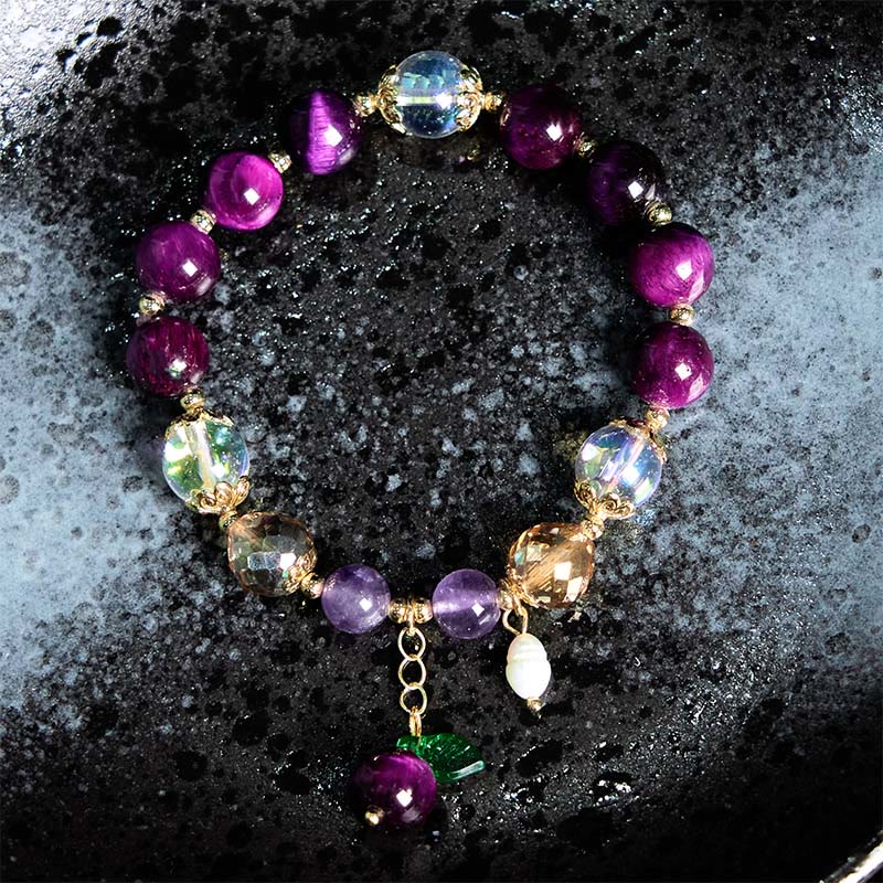 Buddha Stones Natural Red Tiger Eye Purple Tiger Eye Beads Green Leaf Protection Bracelet