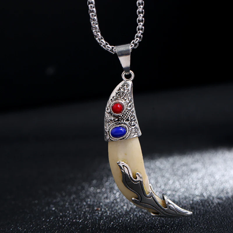 Buddha Stones Imitation Wolf Tooth Titanium Steel Balance Necklace Pendant