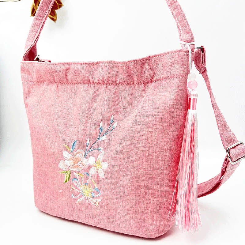Buddha Stones Embroidery Wisteria Plum Lotus Cherry Blossom Cotton Linen Canvas Tote Crossbody Bag Shoulder Bag Handbag