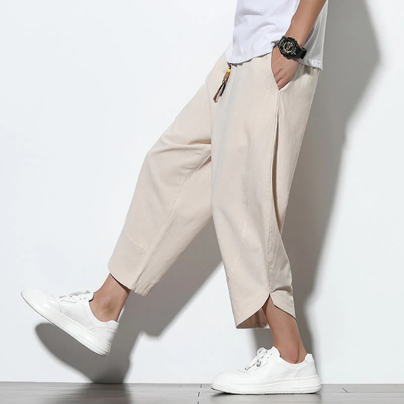 Buddha Stones Casual Summer Drawstring 7-8 Length Linen Men's Harem Pants With Pockets