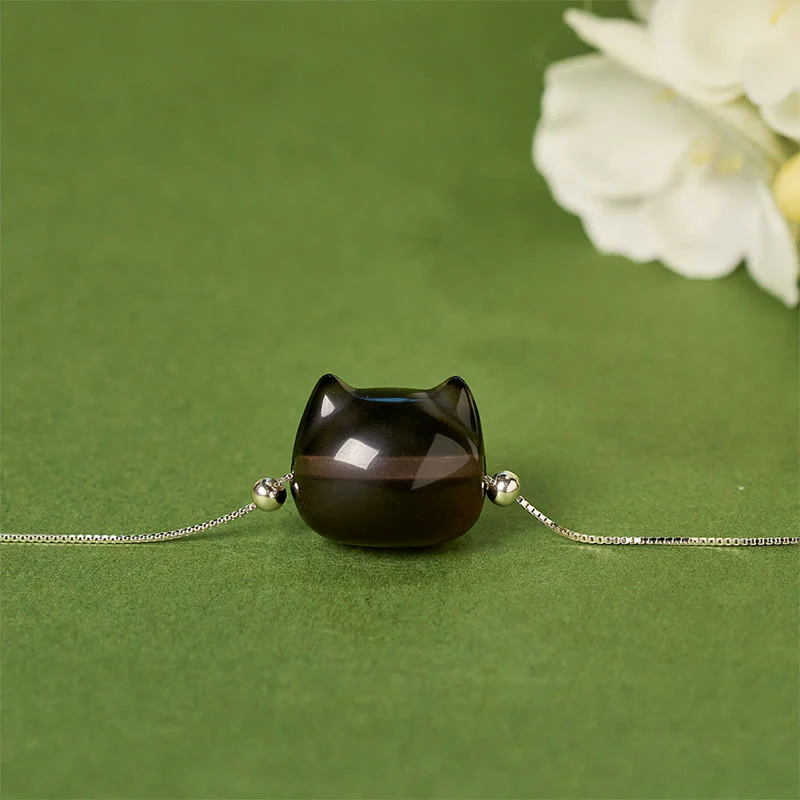 Buddha Stones 925 Sterling Silver Cat Natural Ice Obsidian Positive Bracelet