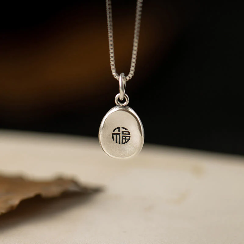Buddha Stones 999 Sterling Silver Peace And Joy Fu Character Luck Fortune 925 Sterling Silver Chain Necklace Pendant