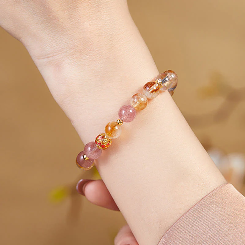 Buddha Stones 999 Sterling Silver Citrine Strawberry Quartz White Crystal Protection Bracelet