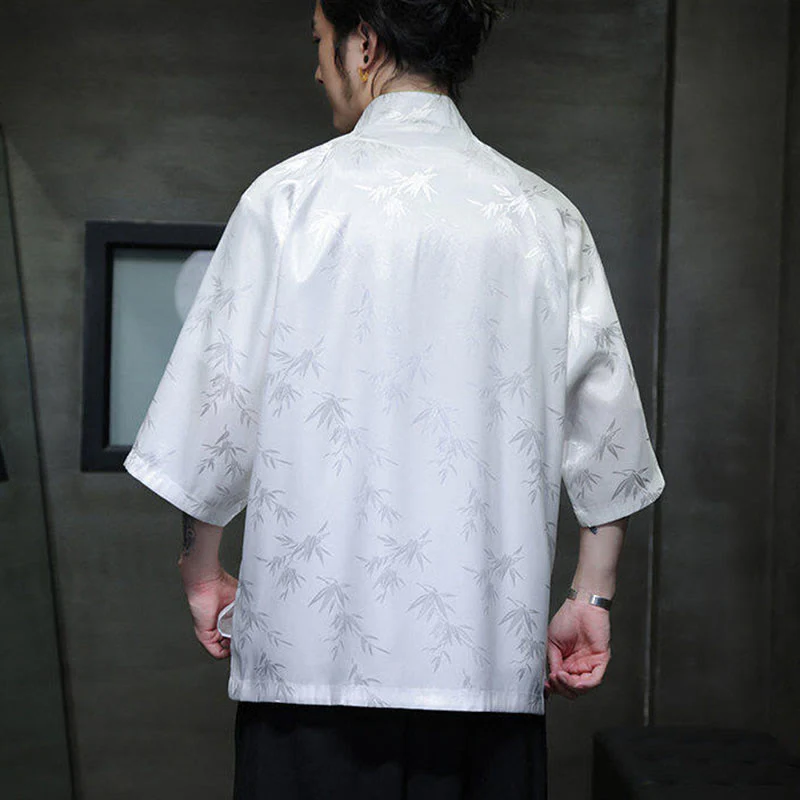 Buddha Stones Jacquard Bamboo Pattern Chinese Frog-Button Stand Collar Tang Suit Men's Cotton Shirt