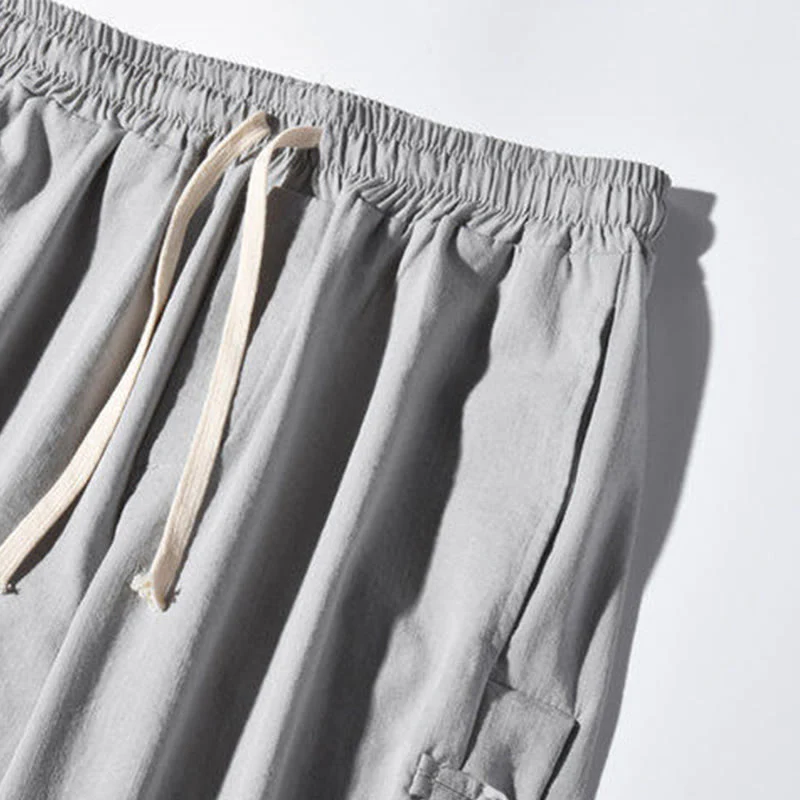 Buddha Stones Casual Patchwork Crane Pattern Frog-Button Design Men's Wide Leg Pants With Pockets