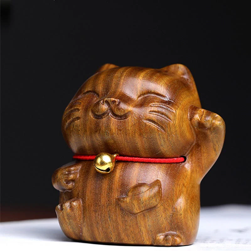 Buddha Stones Green Sandalwood Small Mini Cute Lucky Cat Peace Decorations