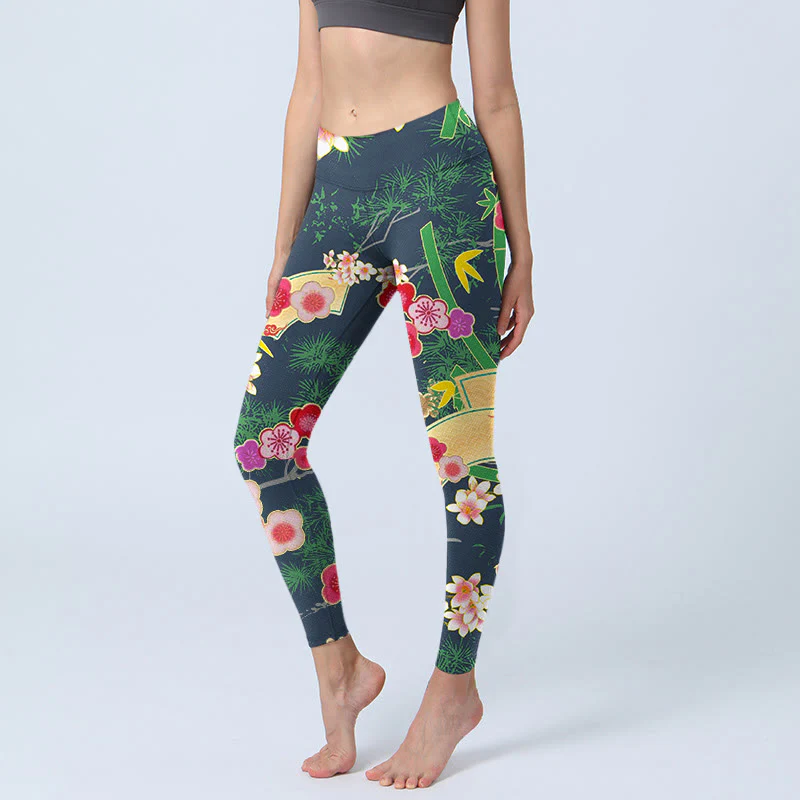 Buddha Stones Cherry Blossoms Bamboo Pine Tree Print Gym Leggings Women's Yoga Pants