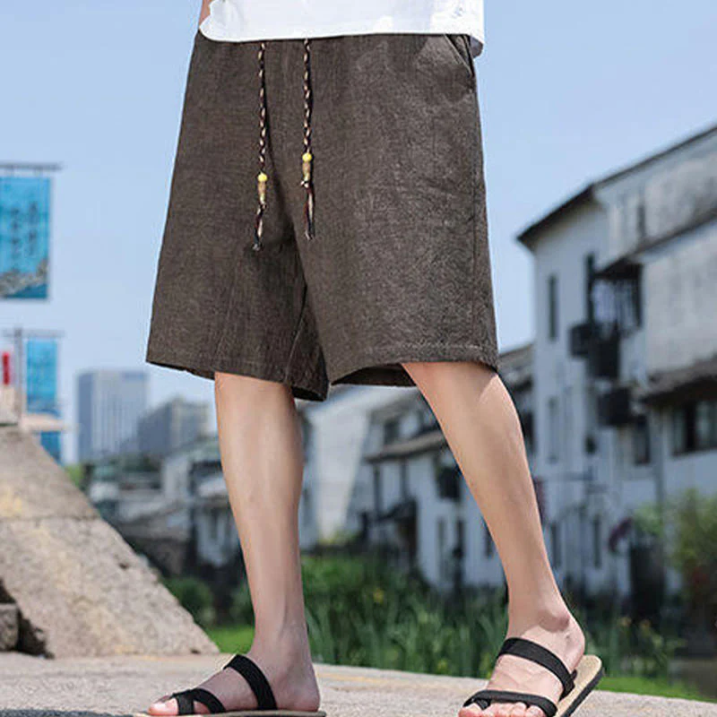 Buddha Stones Weaving Waist Rope Beads Cropped Linen Men's Shorts With Pockets