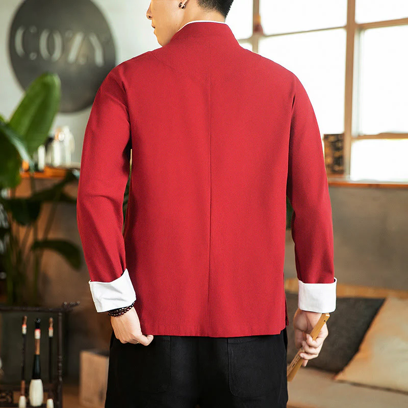 Buddha Stones Tang Suit Frog-Button Crane Embroidery Long Sleeve Cotton Men's Shirt