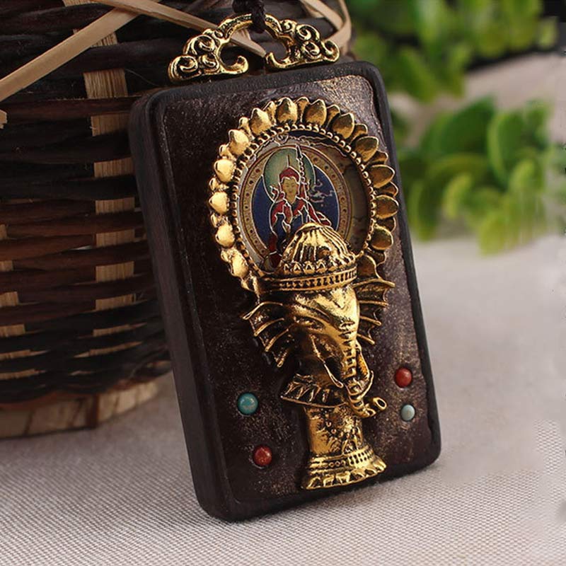 Buddha Stones Ebony Wood Elephant God of Fortune Buddha Blessing Necklace String Pendant