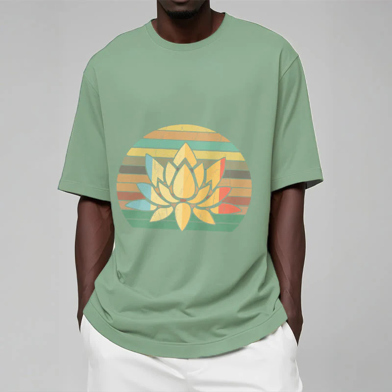 Buddha Stones Casual Retro Striped Background Lotus Flower Pattern Cotton Tee T-shirt