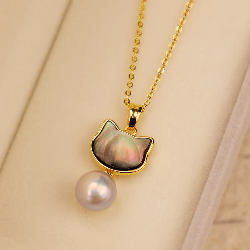 Buddha Stones Natural Pearl Copper Cat Healing Necklace Pendant Earrings