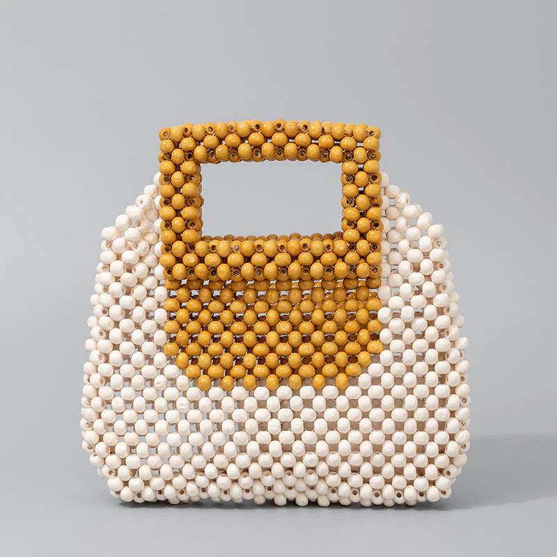 Buddha Stones Hand-woven Wooden Beads Square Tote Handbag