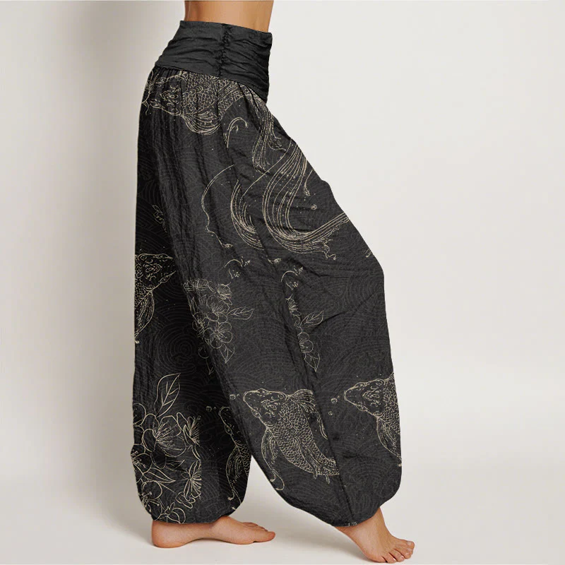 Buddha Stones Koi Fish Floral Pattern Women's Elastic Waist Harem Pants