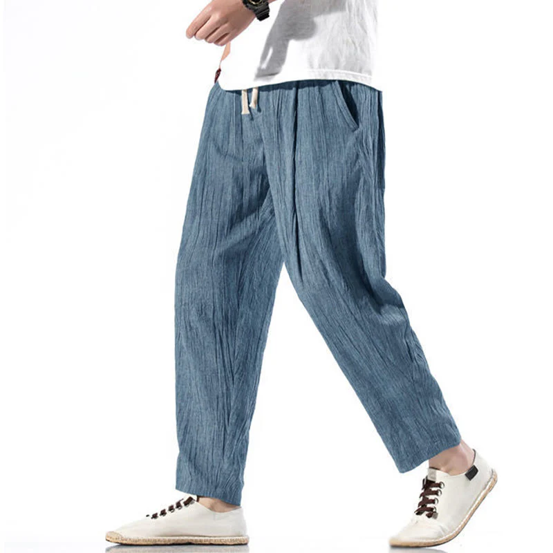 Buddha Stones Casual Plain Pleated Design Drawstring Men's Long Cotton Linen Harem Pants With Pockets