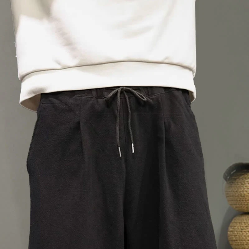 Buddha Stones Crane Embroidery Drawstring Men's Cotton Linen Wide Leg Pants With Pockets