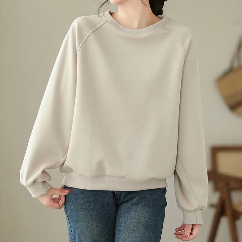 Buddha Stones Fall Plain Crew Neck Cotton Pullover Women's Sweatshirt