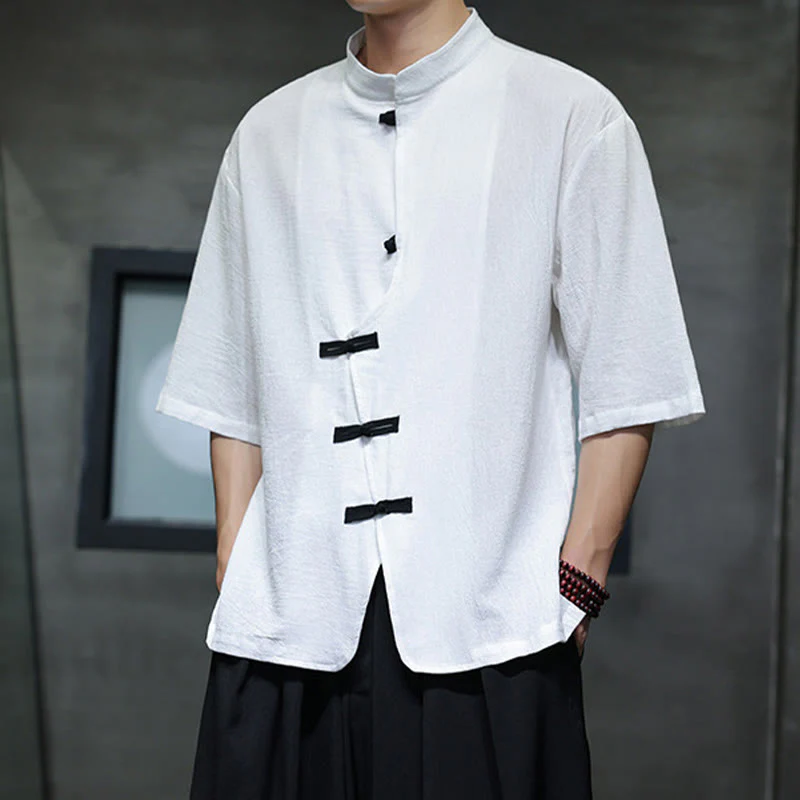 Buddha Stones Casual Plain Chinese Frog-Button Stand Collar Cotton Linen Men's Shirt