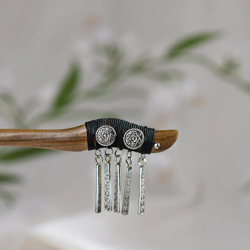 Buddha Stones Silver Tassel Green Sandalwood Soothing Hairpin