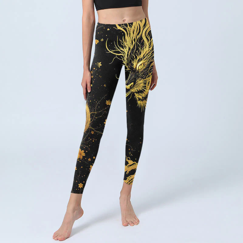 Buddha Stones Golden Dragon Pattern Print Gym Leggings Women's Yoga Pants