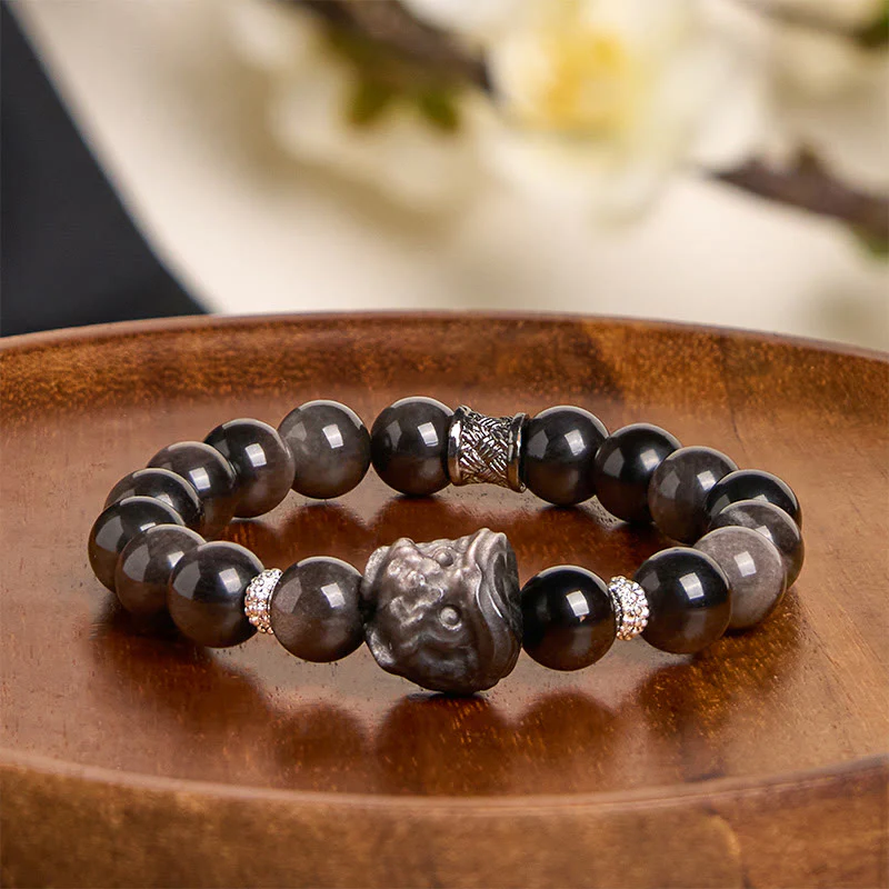 Buddha Stones Natural Silver Sheen Obsidian Lion Dance Protection Bracelet