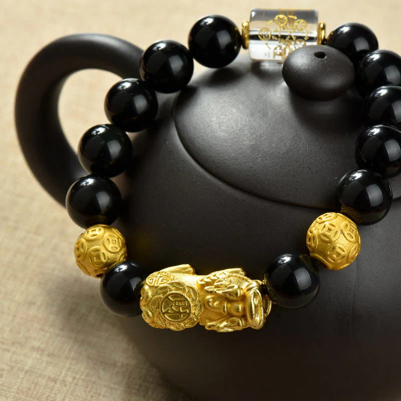Buddha Stones Fengshui Copper Pixiu Rainbow Obsidian Beads Wealth Bracelet