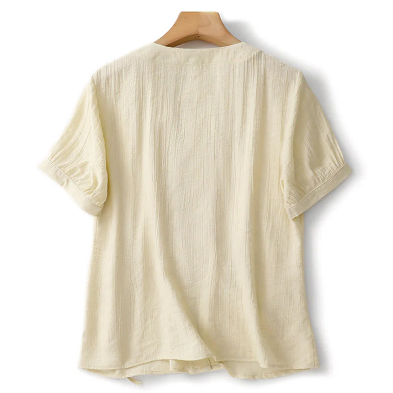 Buddha Stones Casual Plain Asymmetrical Lace-Up Design Puff Short Sleeve Women's Cotton Shirt