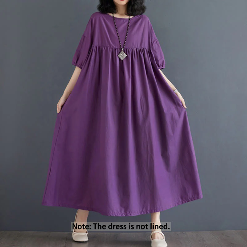 Buddha Stones Casual Solid Color Pleated Design Crew Neck Half Puff Sleeve Cotton Midi Dress