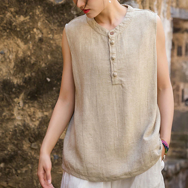 Buddha Stones Summer Tie-dye Buttons Linen Sleeveless Women's Vest