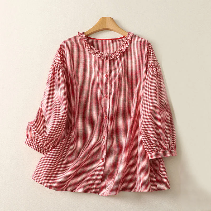 Buddha Stones Spring Plaid Ruffled Crew Neck Design Three Quarter Sleeve Cotton Women's Shirt