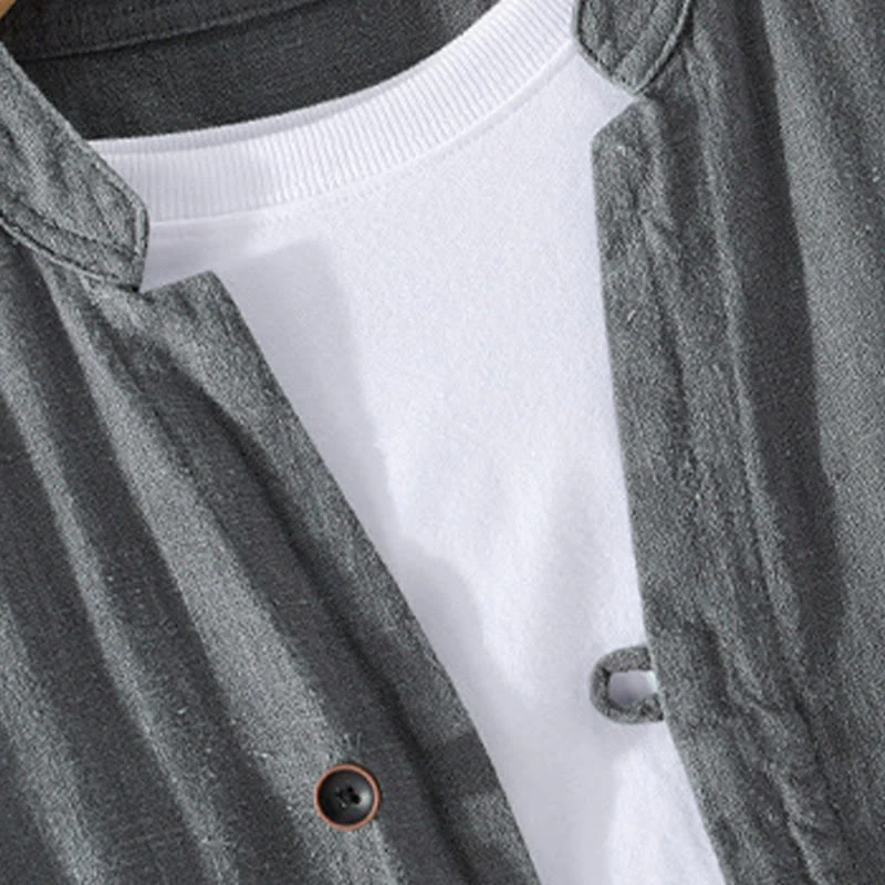 Buddha Stones Spring Daily Simple Buttons Design Stand Collar Men's Long Sleeve Cotton Linen Shirt With Pockets