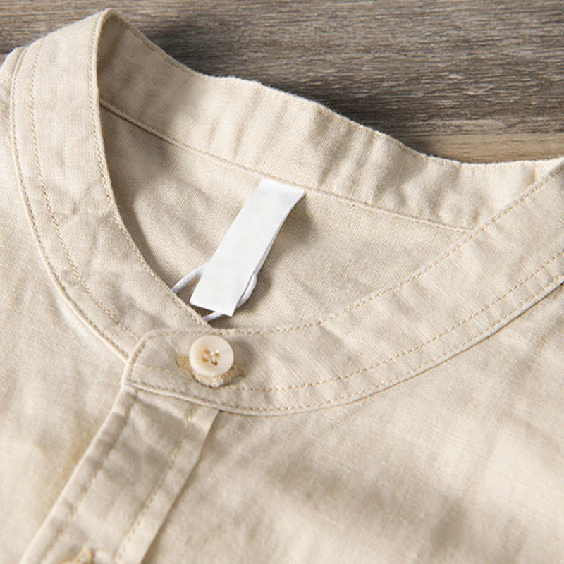 Buddha Stones Casual Daily Simple Buttons Design Stand Collar Men's Short Sleeve Cotton Linen Shirt With Front Pockets
