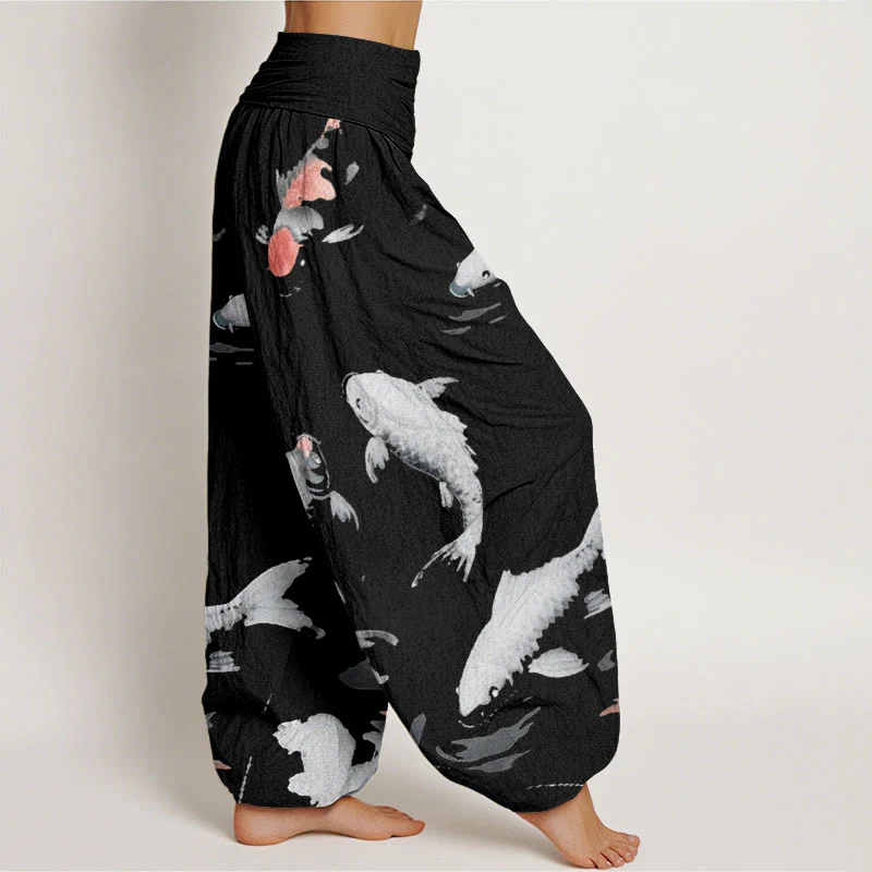 Buddha Stones Casual Koi Fish Pattern Women's Elastic Waist Harem Pants