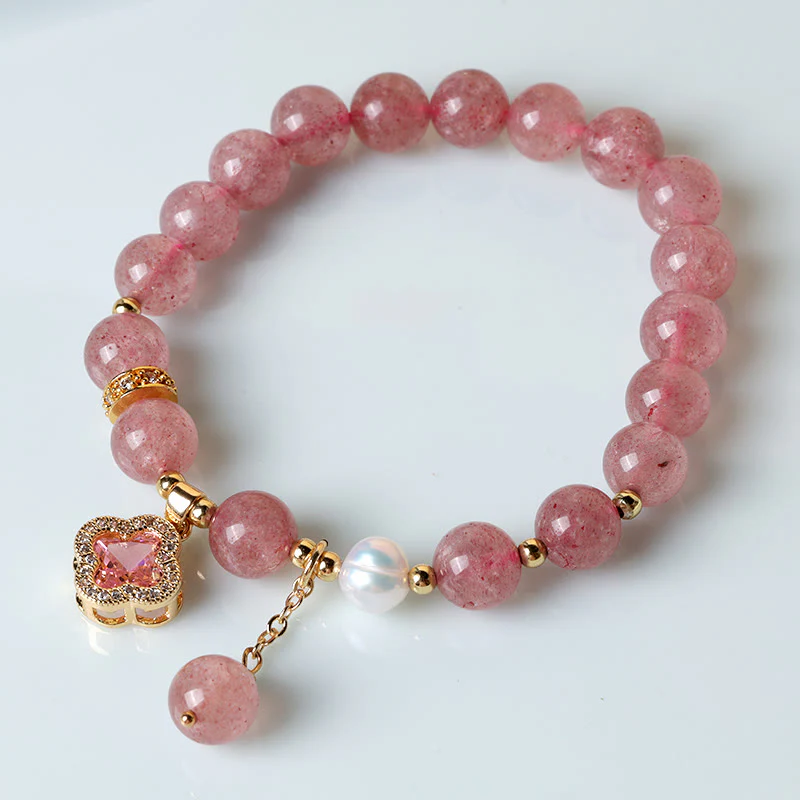 Buddha Stones Strawberry Quartz Pearl Four Leaf Clover Charm Healing Bracelet