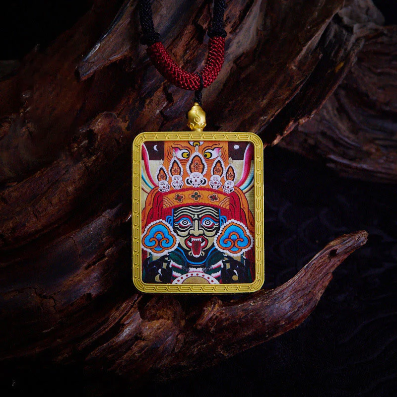 Buddha Stones Tibetan Zakiram Nine Tailed Fox Yellow God of Wealth Painted Thangka Hope Necklace Pendant