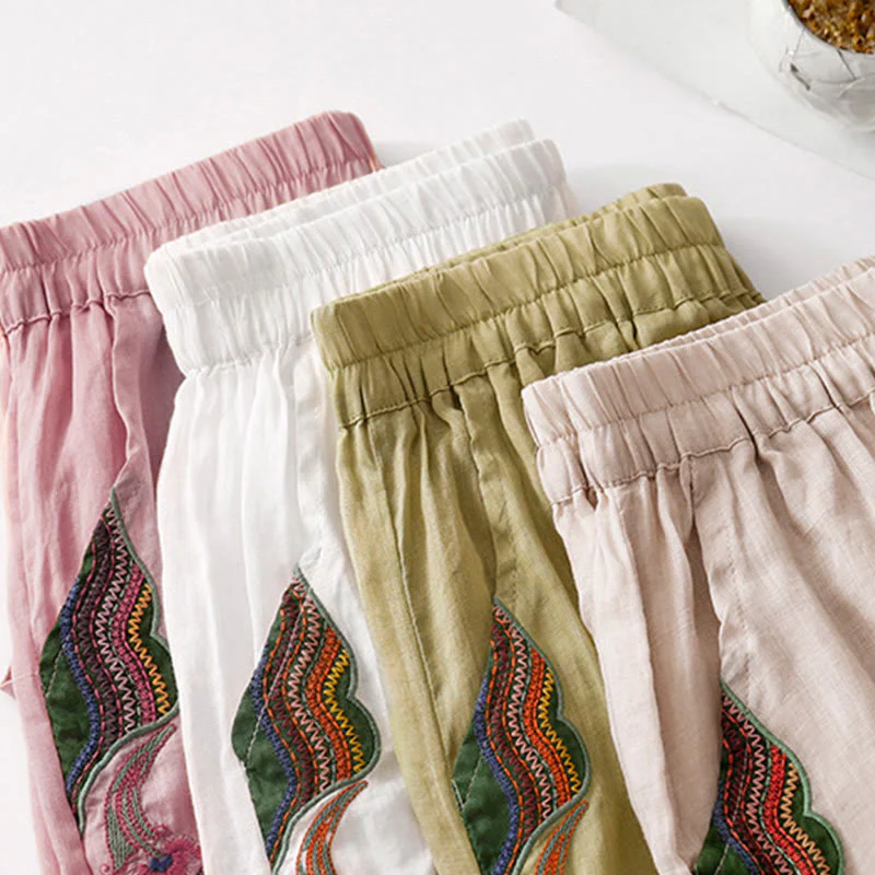 Buddha Stones Summer Embroidery Double Layer Cotton Linen Women's Wide Leg Pants With Pockets