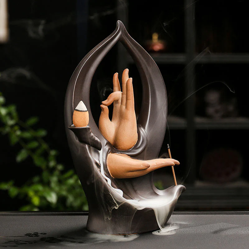Buddha Stones Stairs Mountains Water Buddha Hand Ceramic Backflow Smoke Fountain Meditation Incense Burner Decoration