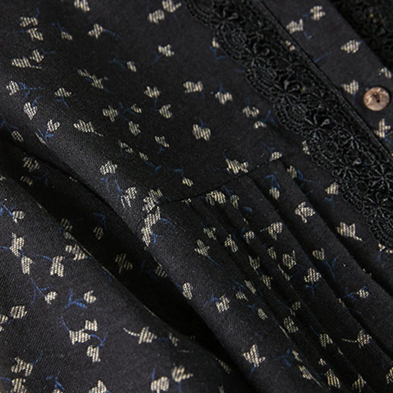 Buddha Stones Fall Printing Floral Buttons Lace Lapel Design Cotton Linen Midi Dress With Pockets