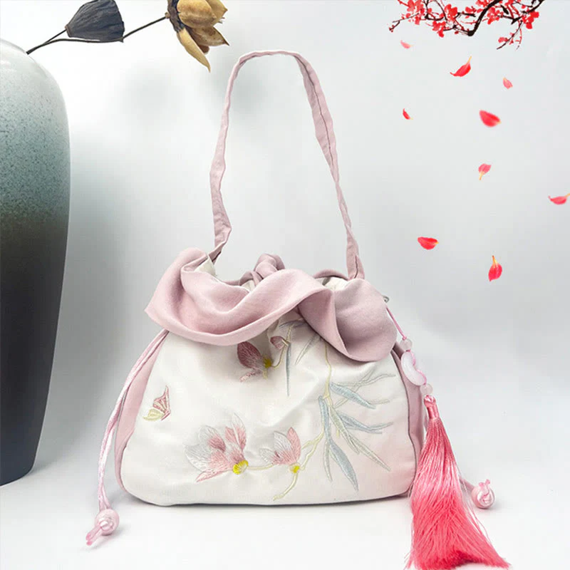 Buddha Stones Suzhou Embroidery Camellia Magnolia Peony Lotus Silk Tote Crossbody Bag Shoulder Bag Handbag