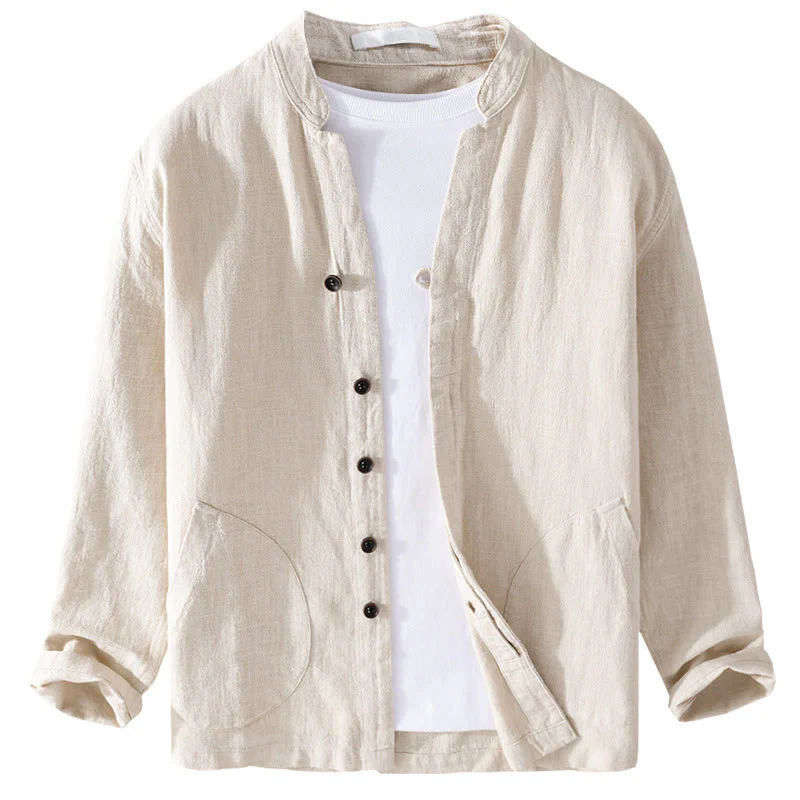 Buddha Stones Spring Daily Simple Buttons Design Stand Collar Men's Long Sleeve Cotton Linen Shirt With Pockets