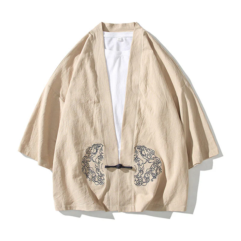 Buddha Stones Chinese Frog-Button Design Open Front Jacket Men's Cotton Linen Kimono
