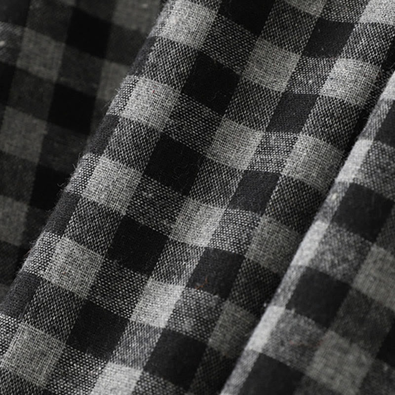 Buddha Stones Black Lace-Up Design Plaid Lapel Cotton Linen Midi Dress With Pockets