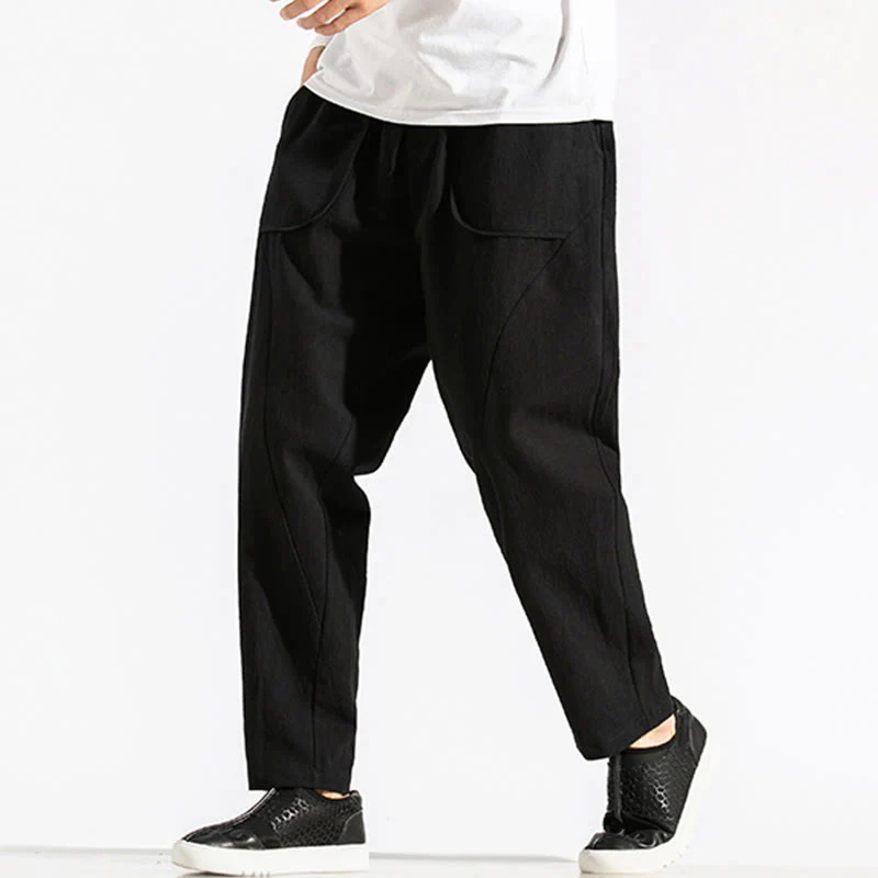 Buddha Stones Retro Casual Drawstring Design Men's Harem Cotton Plain Pants With Pockets