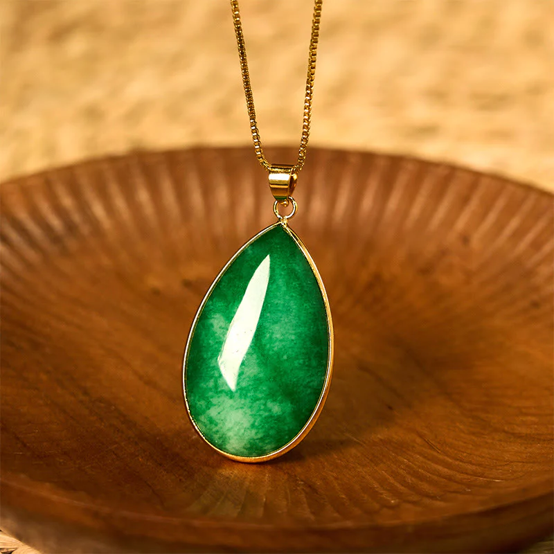 Buddha Stones Green Jade Water Drop Pattern Abundance Necklace Pendant