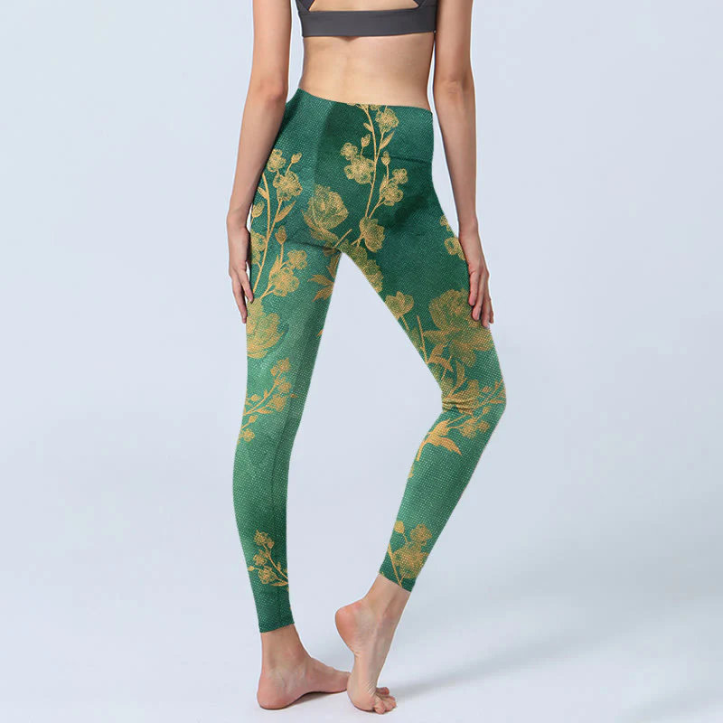 Buddha Stones Green Background Golden Branches Peony Flowers Pattern Print Gym Leggings Women's Yoga Pants